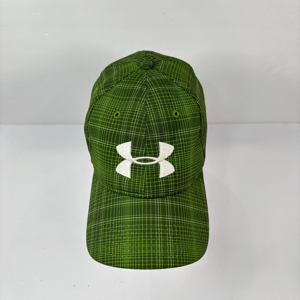 Under Armour Men LG/XL Fitted Hat Green Grid Plaid Athletic Cap Performance Golf